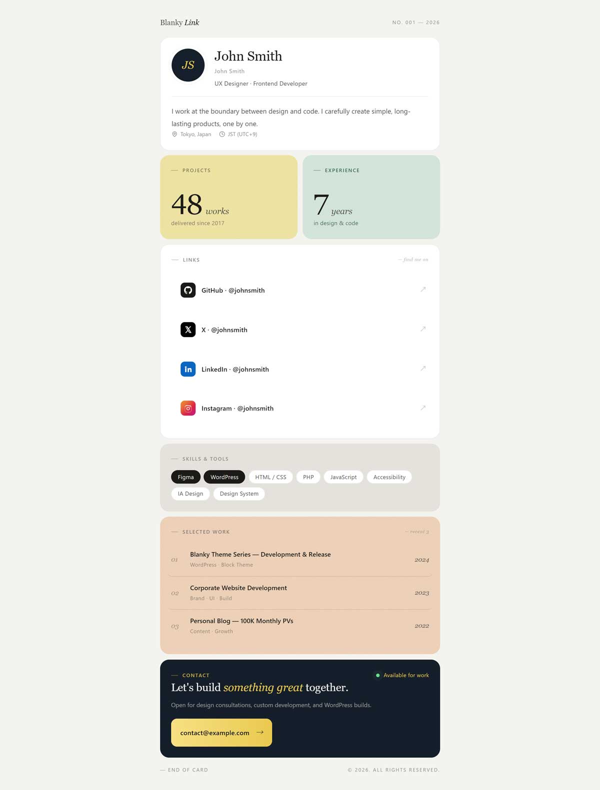Blanky Link theme shown on desktop — a bento-grid layout with profile card, SNS links, and stats sections