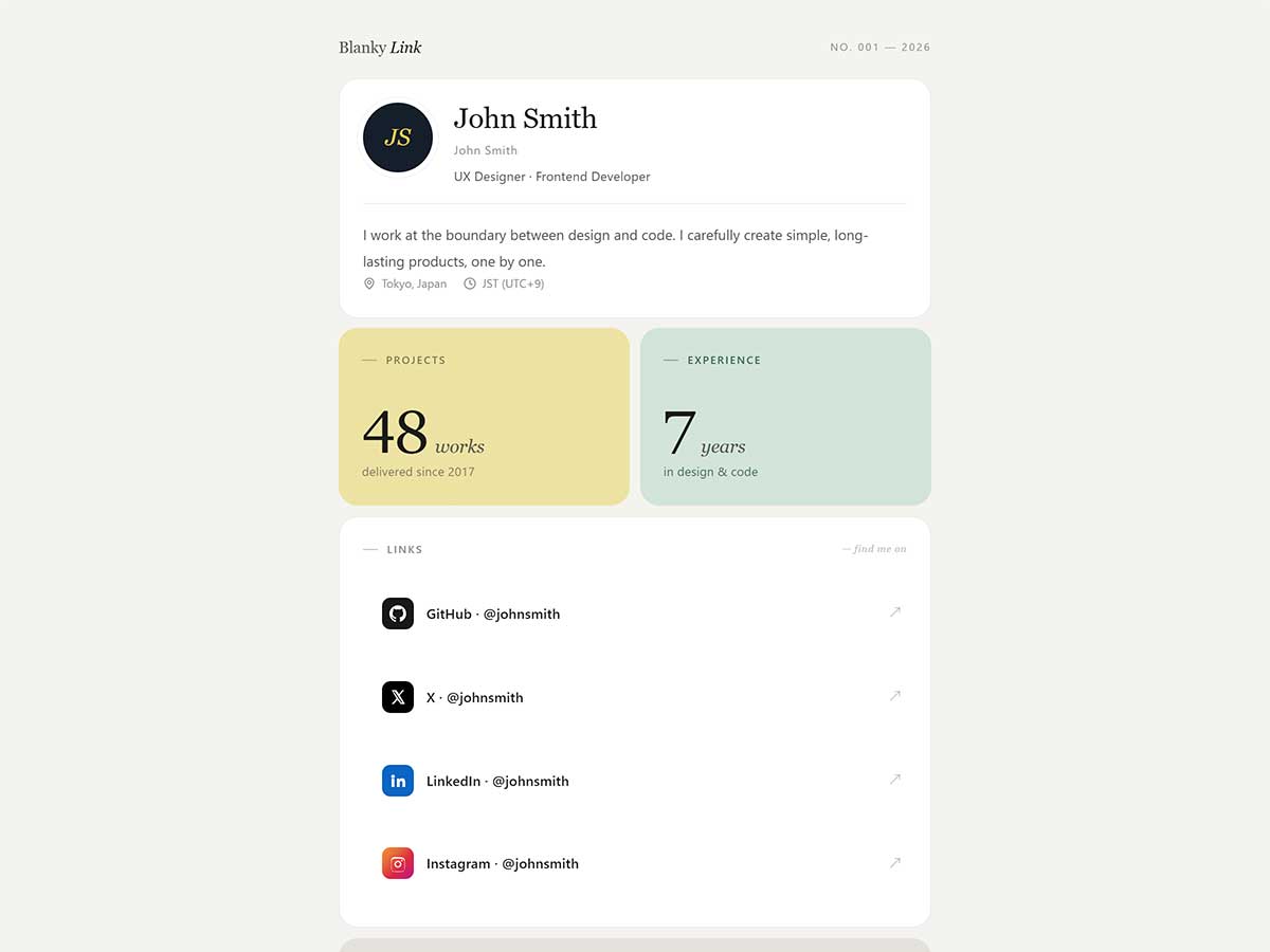 Blanky Link desktop view — full bento grid with all card types visible